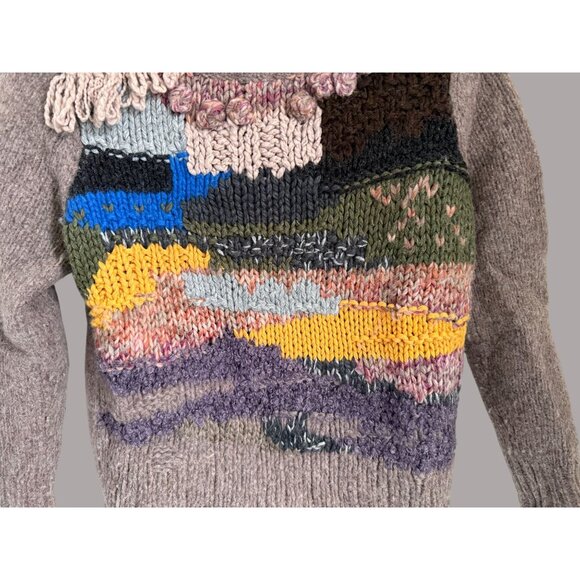 Hand Knit By Dolly Multicolor Wool Blend Patchwork Sweater With Fringe & Texture - Picture 4 of 8